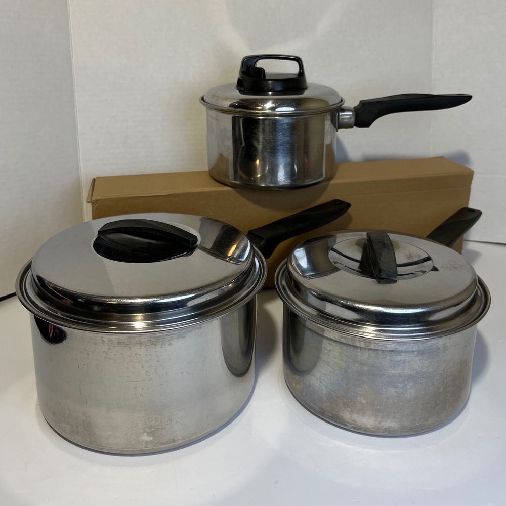 Ekco Flint Ware Stainless Steel Saucepan Set 3 Piece Radiant Heat Core USA Made